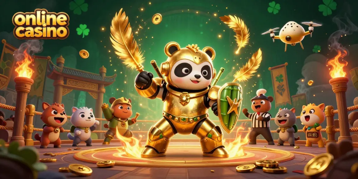 Engage with exciting games at online casino featuring a mech-suit golden panda in a vibrant arena.