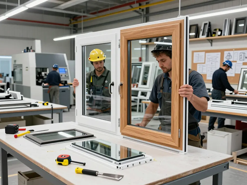 Handwerker in der Fensterbauwerkstatt, der Holzbilderrahmen mit fortschrittlicher Technik inspiziert.