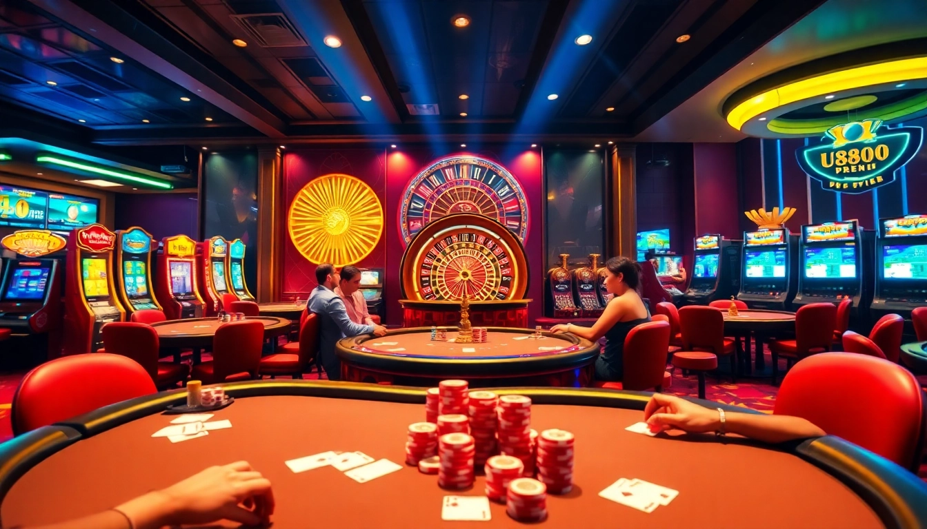 Experience the thrill of gaming at Trang chủ U888, featuring luxurious casino tables and vibrant slot machines.