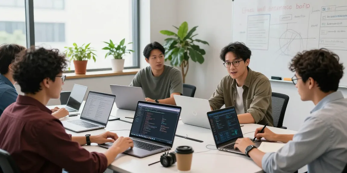 Team collaborating in an office while learning to build internal tools with AI, showcasing diverse professionals at work.
