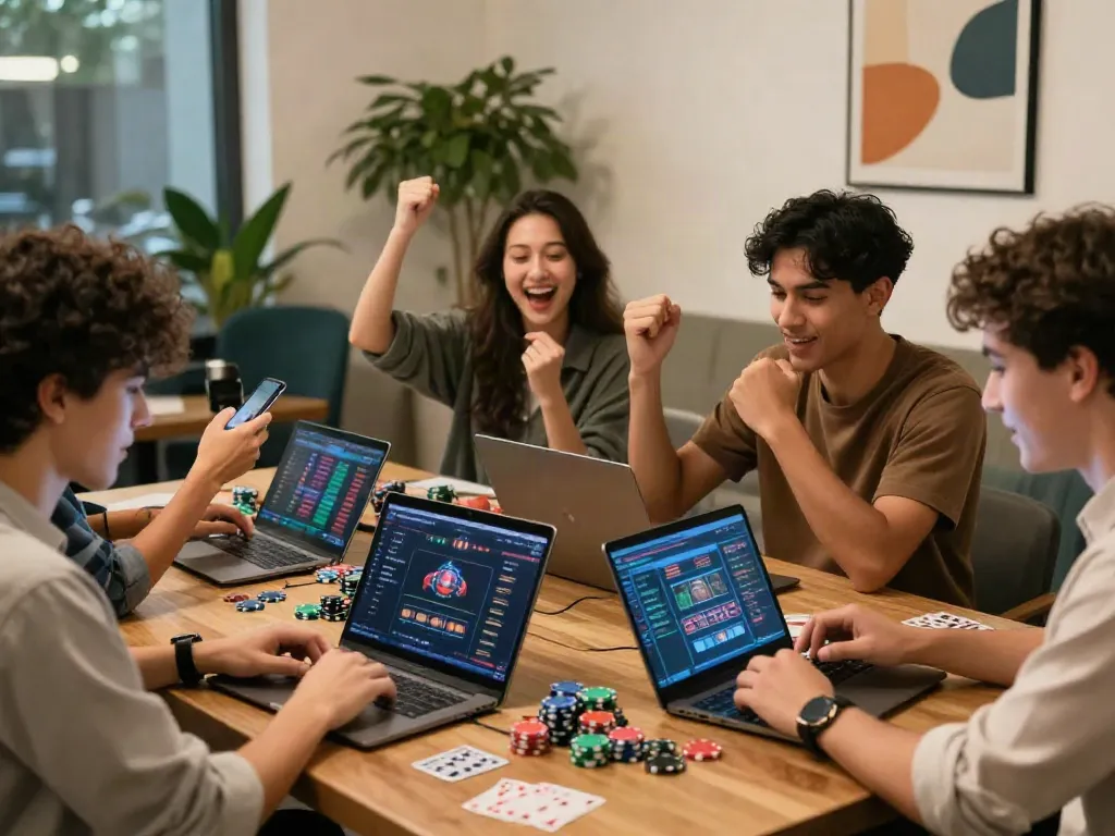 Exciting online gambling at https://ta88.network/ with friends in a modern lounge setting.