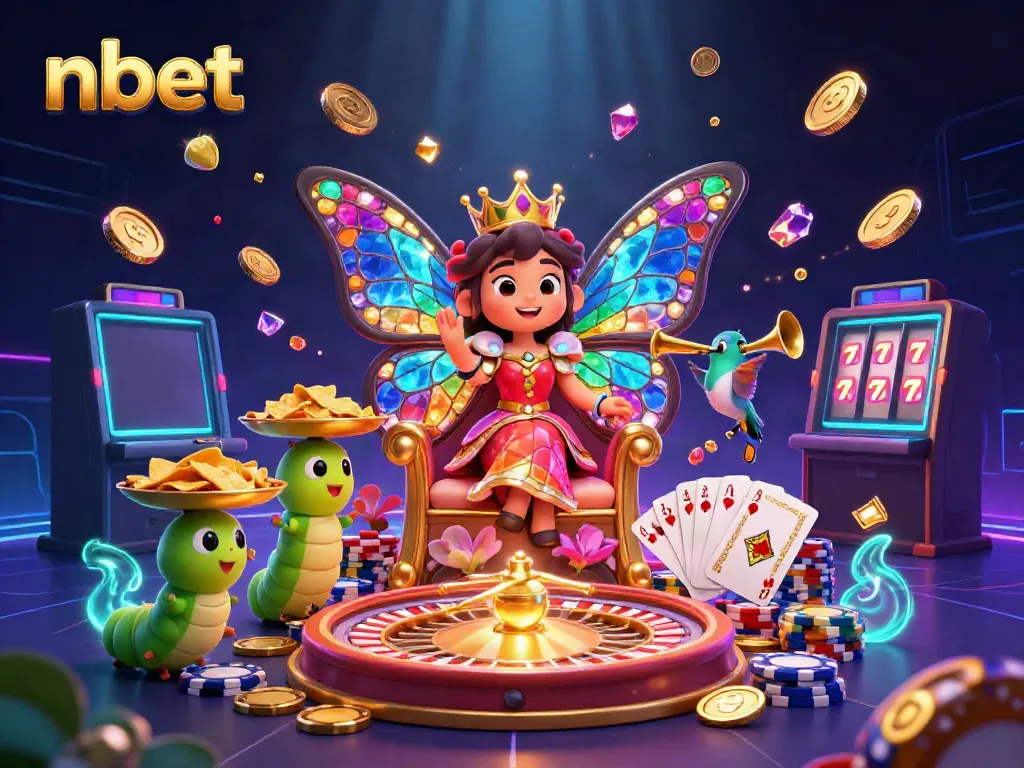 Experience the vibrant and interactive world of nbet with a whimsical casino scene featuring a butterfly queen and dynamic gaming elements
