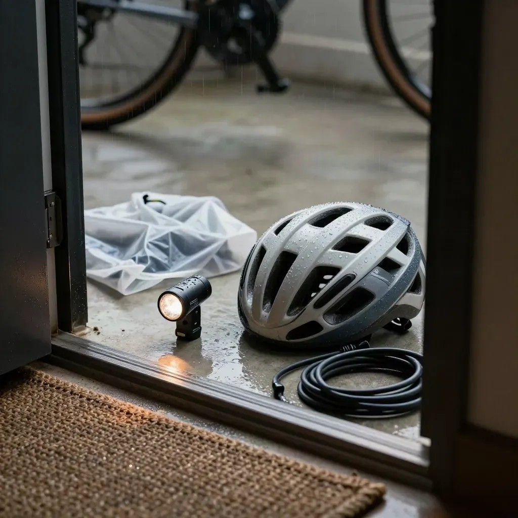 Fahrradhelm, Licht und Regencover am nassen Hauseingang nach der Dämmerung