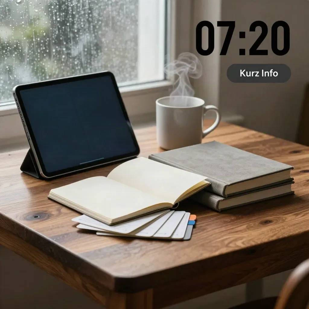 Bücher, Tablet, Notizbuch, Tasse und Karteikarten auf warmem Holz im Morgenlicht.