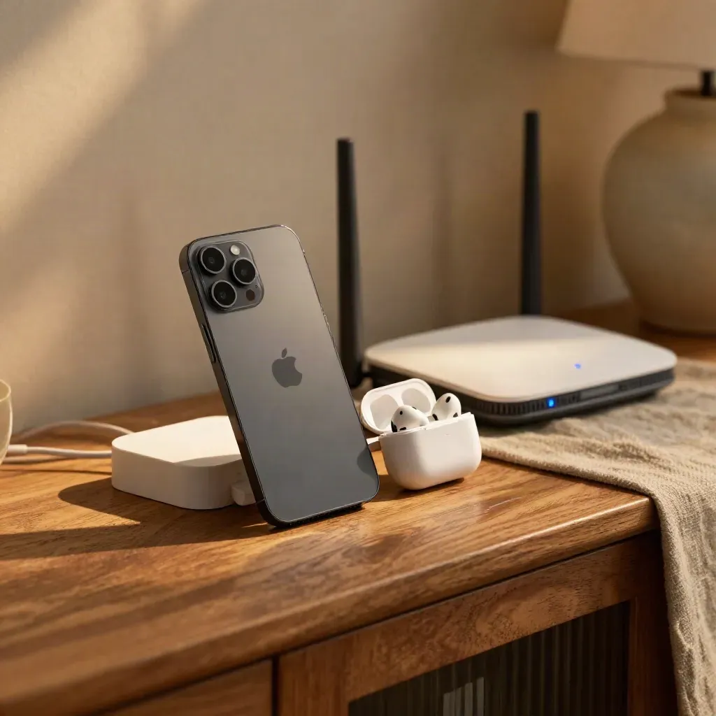 Smartphone lädt am Puck neben Router und Earbuds auf warmem Holzregal