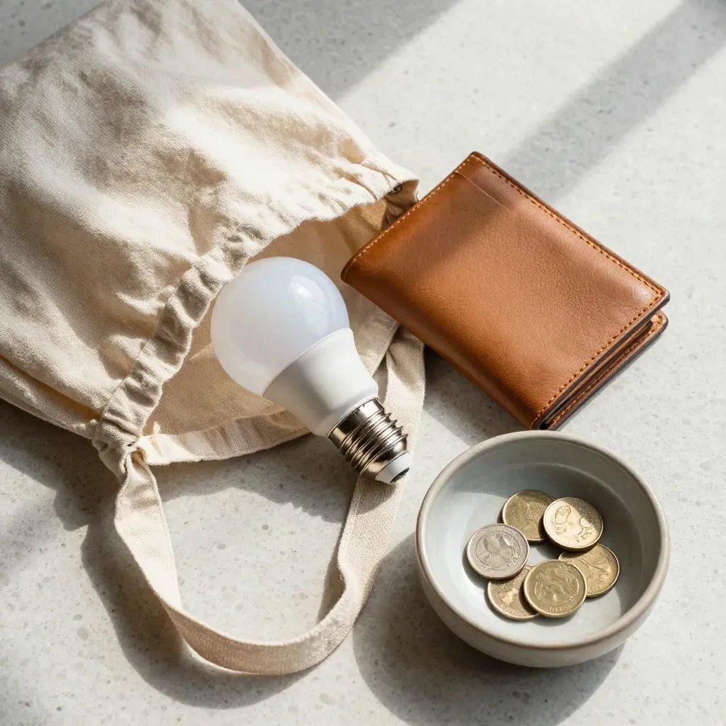 Flache Editorial-Aufnahme: Stofftasche, LED-Birne, Geldbörse und Münzschale auf hellem Stein.
