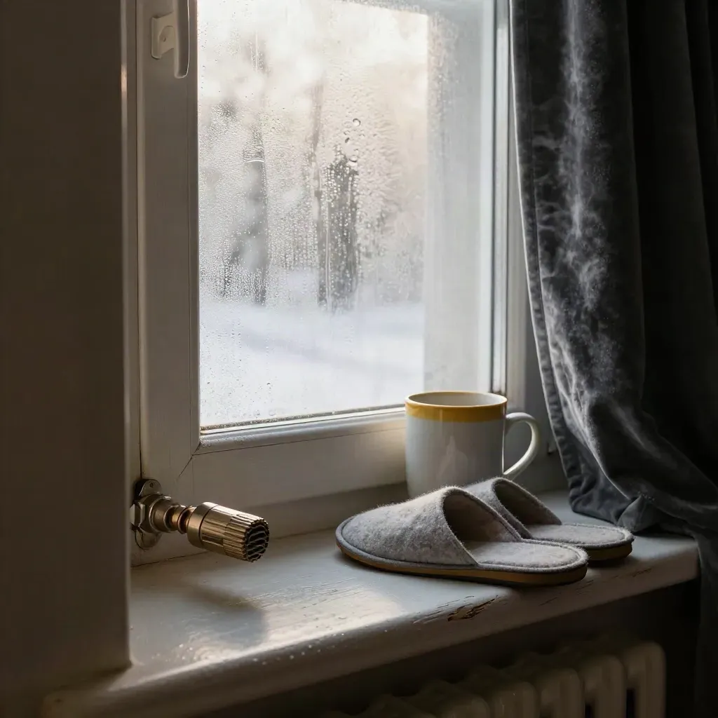 Heizungsventil, Vorhang, Hausschuh und Tasse am beschlagenen Fenster im Morgenlicht