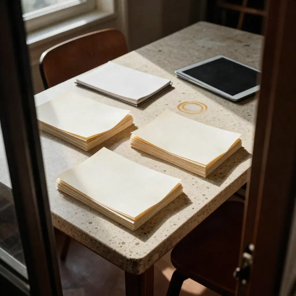 Überkopf auf Papierstapel, Notizbuch, Kaffeering und dunkles Tablet im warmen Fensterlicht.