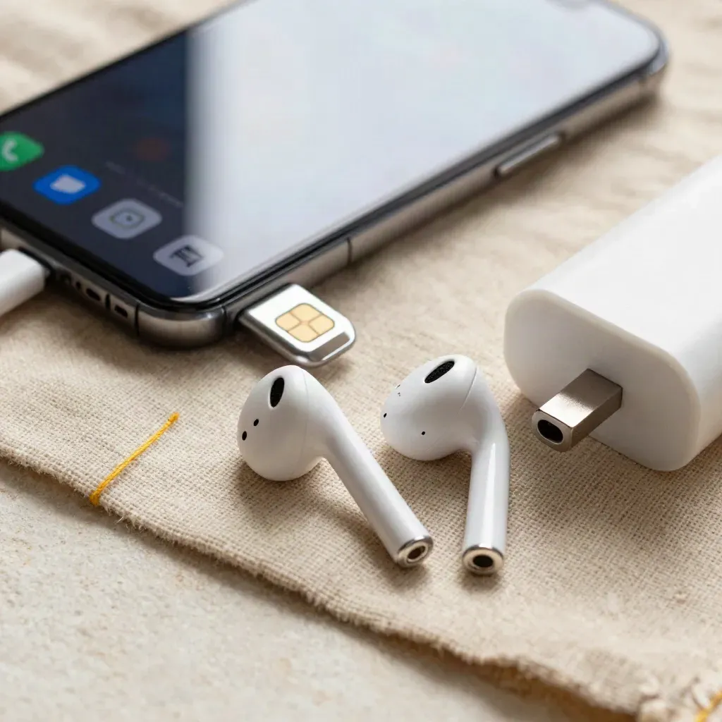 Smartphone, SIM-Werkzeug, Earbuds und Ladegerät auf Leinenmatte, von oben rechts.