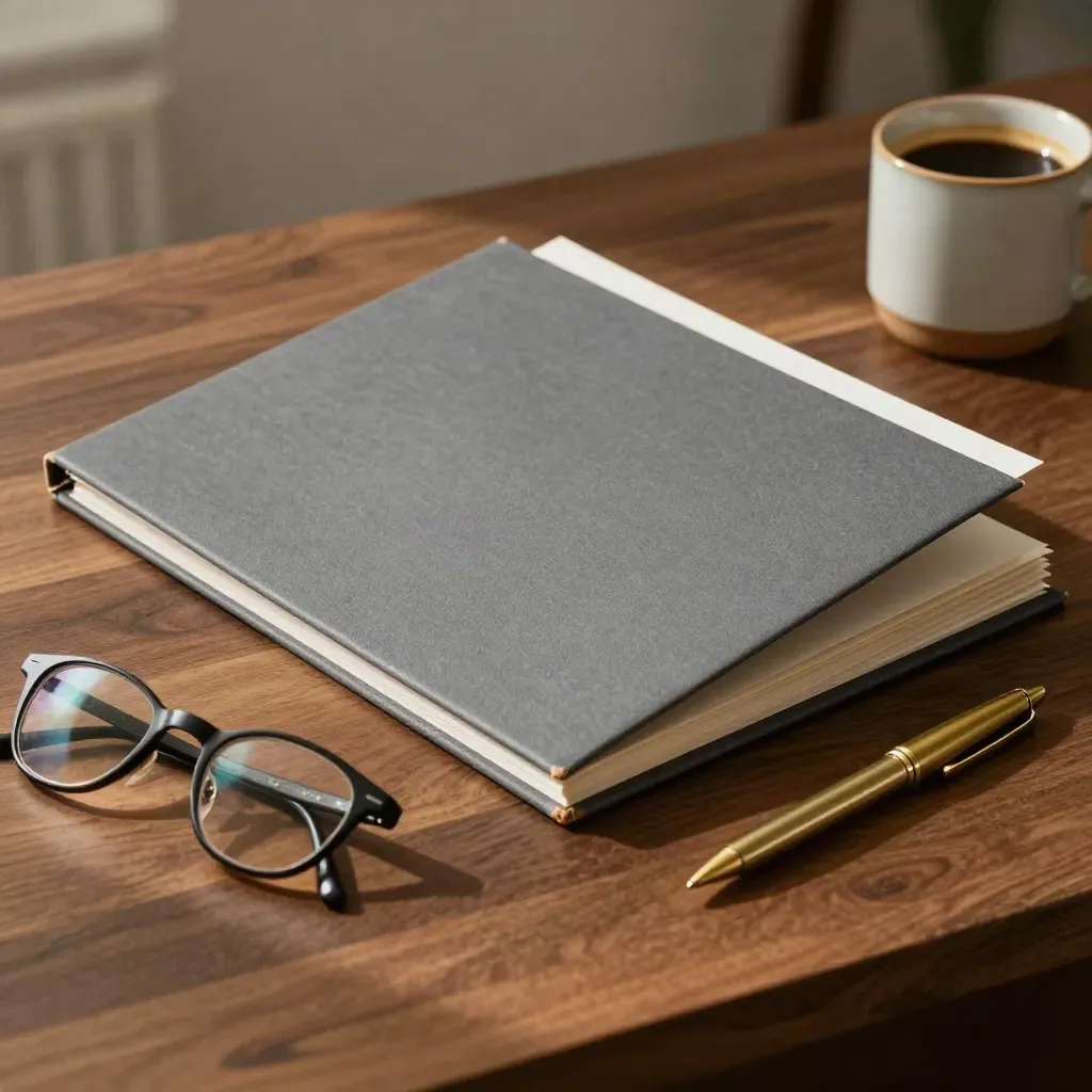 Aktenmappe, Brille, Messingstift und Tasse auf Walnuss, links hart beleuchtet.