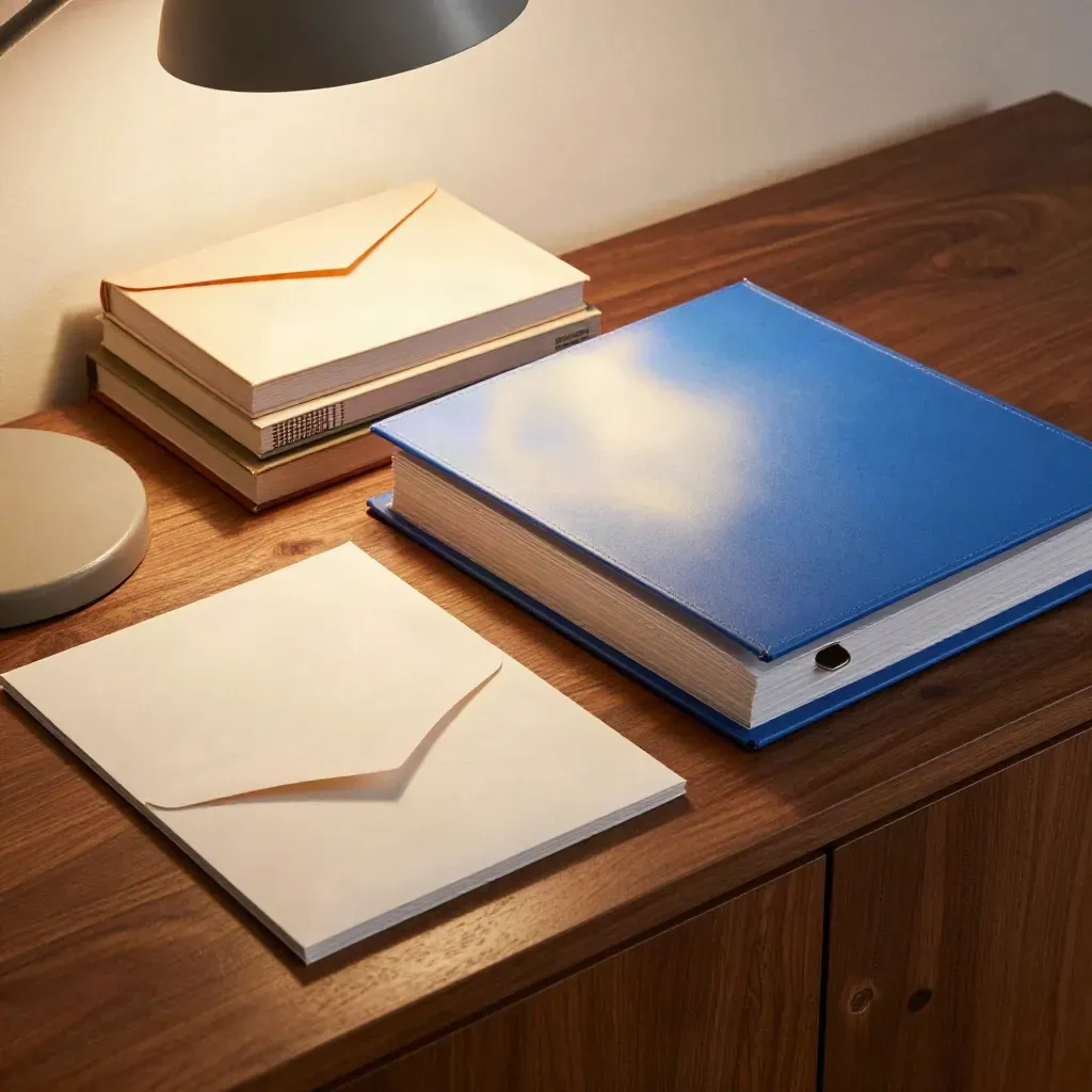 Steuerordner, Bücher und Umschläge im Lampenlicht auf einer Holzkommode.