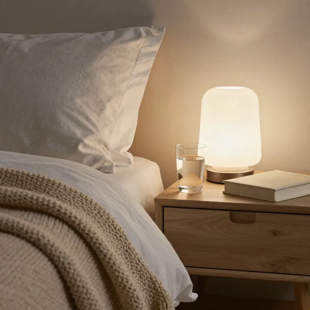 Nachttischszene mit Lampe, Wasserglas, Buch, Strickdecke und Kissenkante im warmen Schlafzimmer.