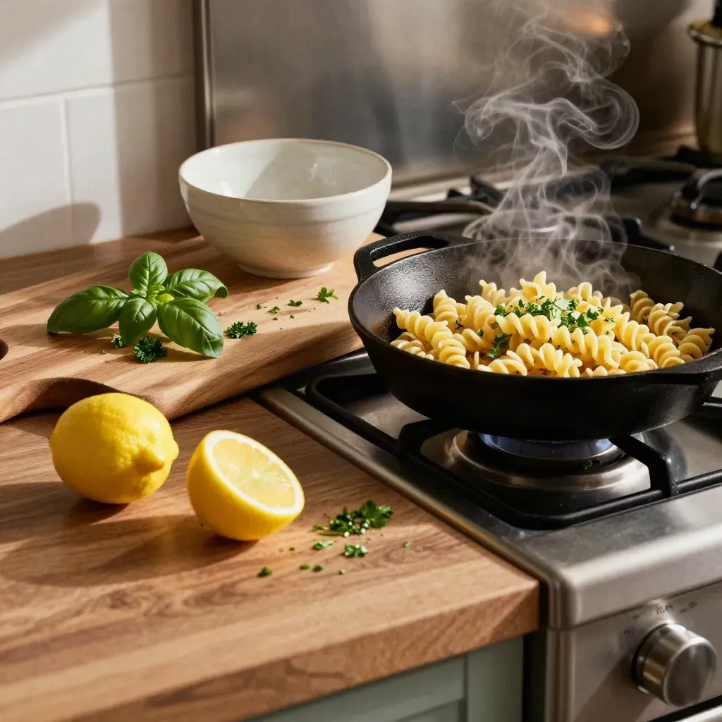 Gemütliche Kochszene mit Pasta, Kräutern, Zitrone und Dampf über der Pfanne.