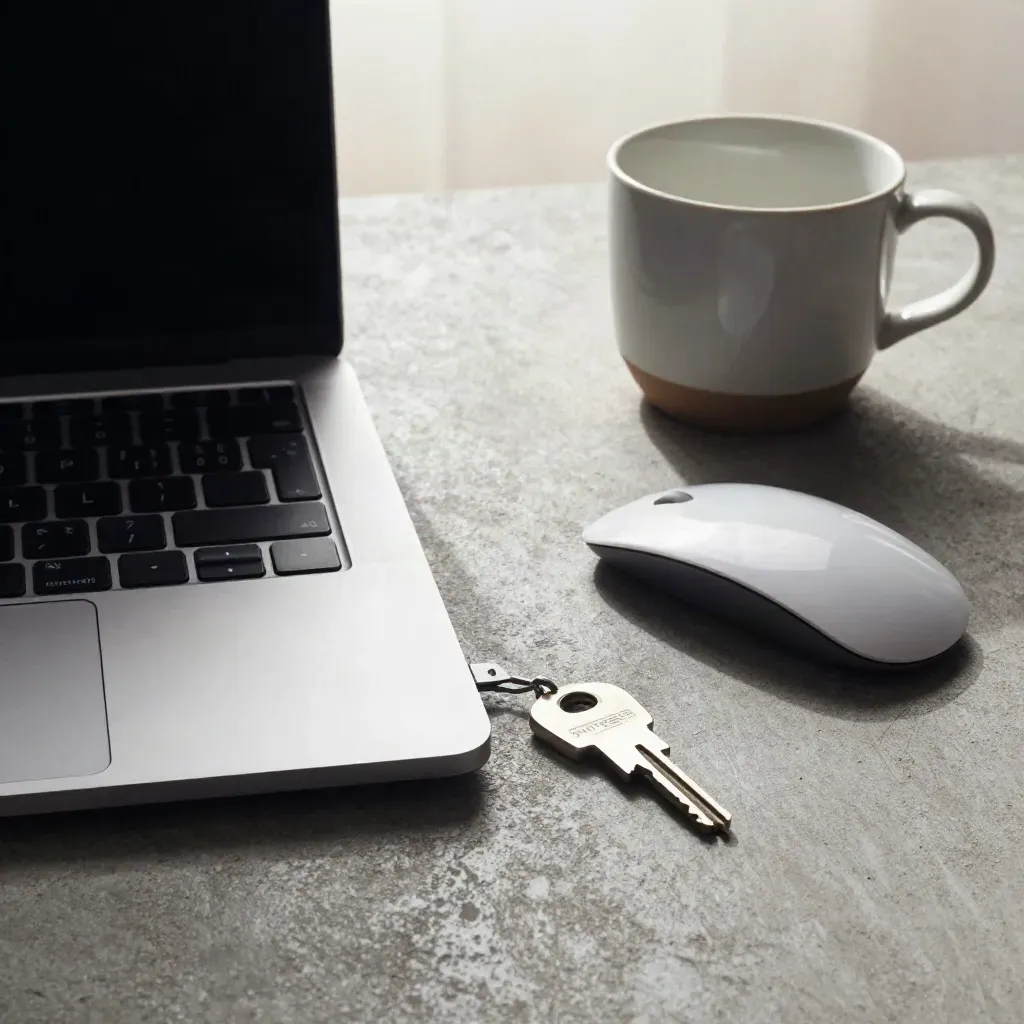 Geschlossener Laptop, Security-Key, Maus und Tasse auf kühlem Betontisch im harten Licht.