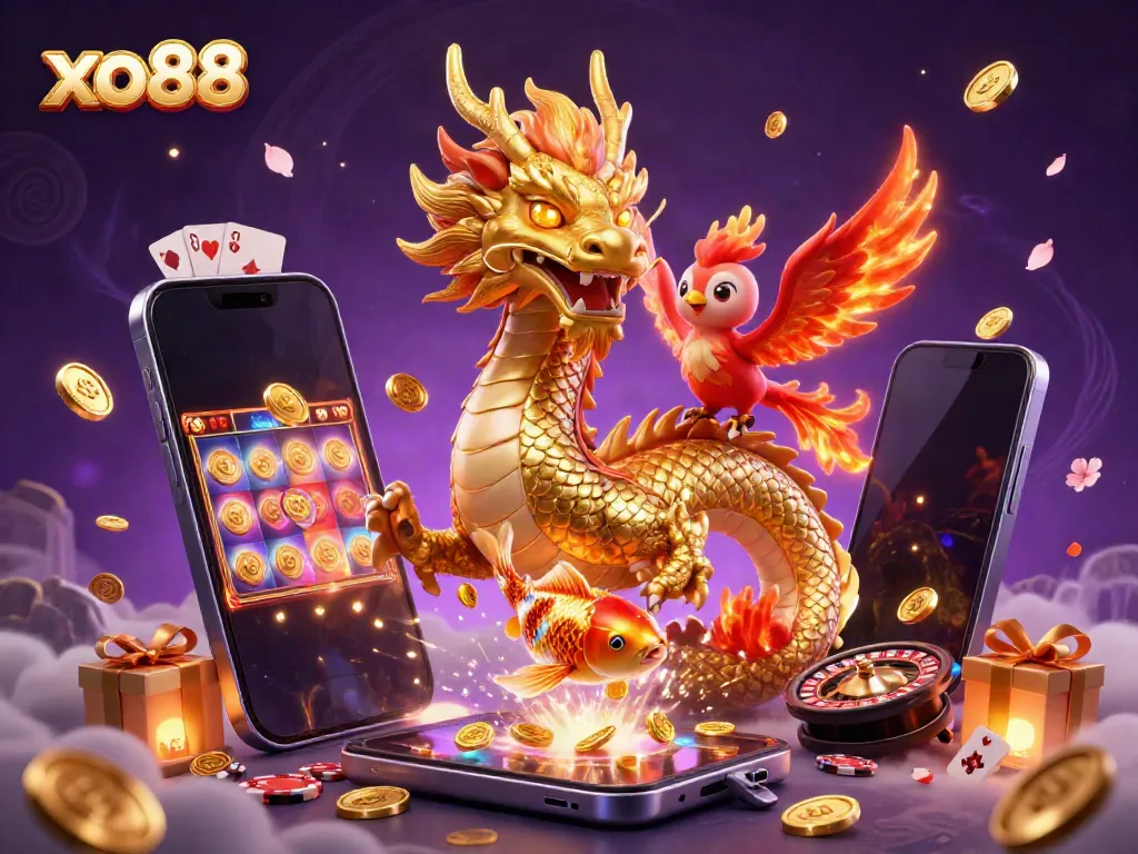 Experience exhilarating gaming at xo88 with a fierce dragon, phoenix, and koi fish amidst casino elements.