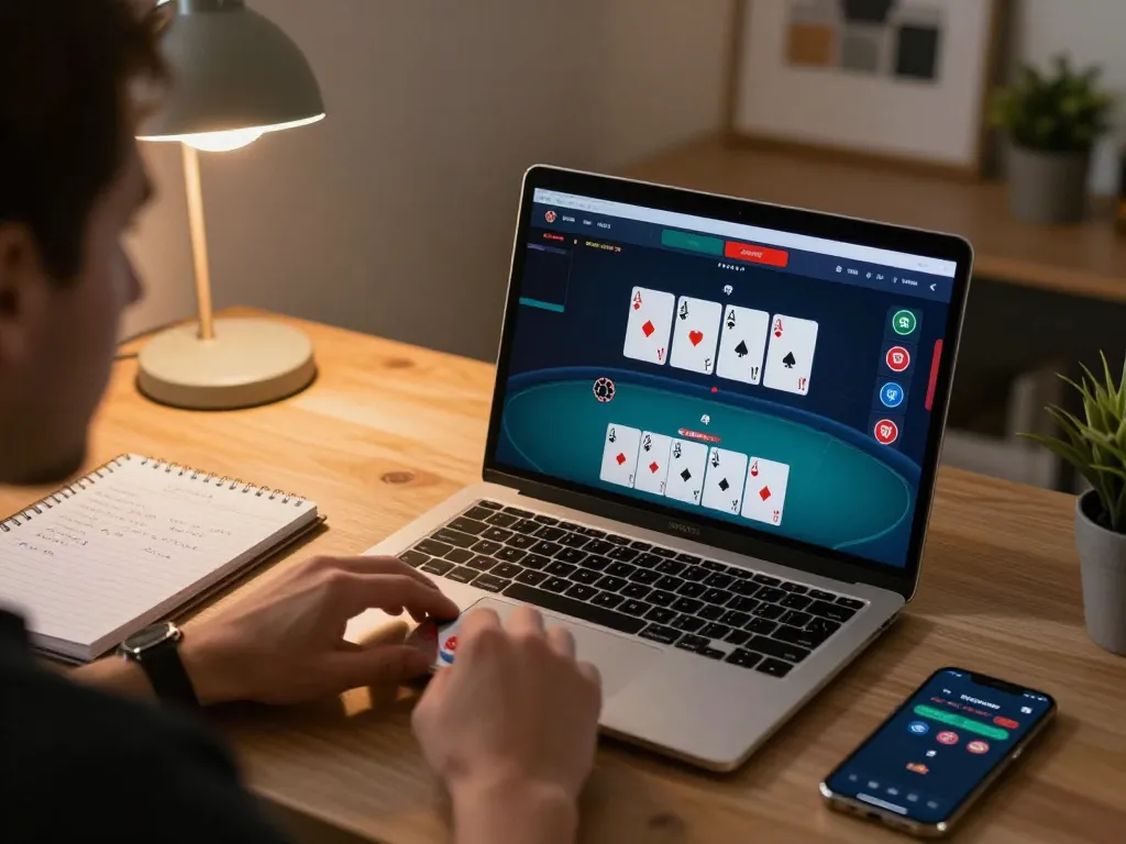 Engaging in strategic online poker at https://go8.onl/ with notebook and betting app