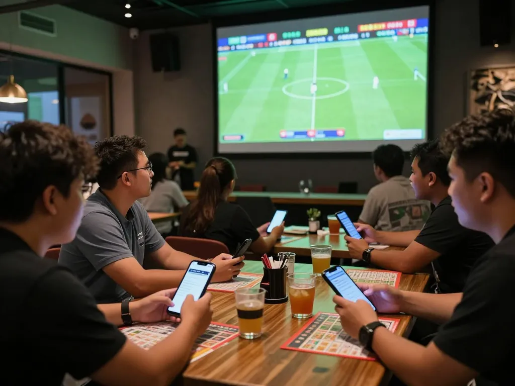 Engaged sports bettors analyzing keo nha cai during a live match at a bustling sports bar