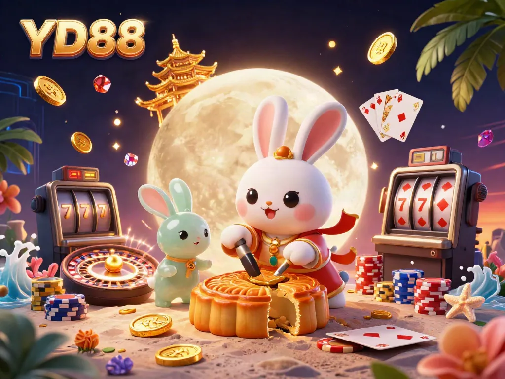 Experience YD88 at our dazzling casino, showcasing vibrant slot reels and golden moon rabbits.