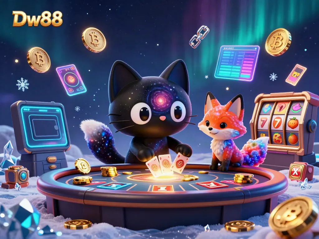 Engage with Dw88 at a cosmic casino showcasing vibrant currency and thrilling game elements.