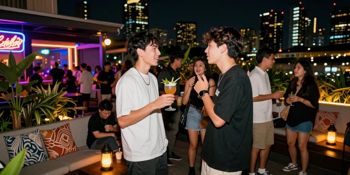 Youth enjoying vibrant nightlife at a trendy lounge with rokok88 cocktails, colorful city backdrop.