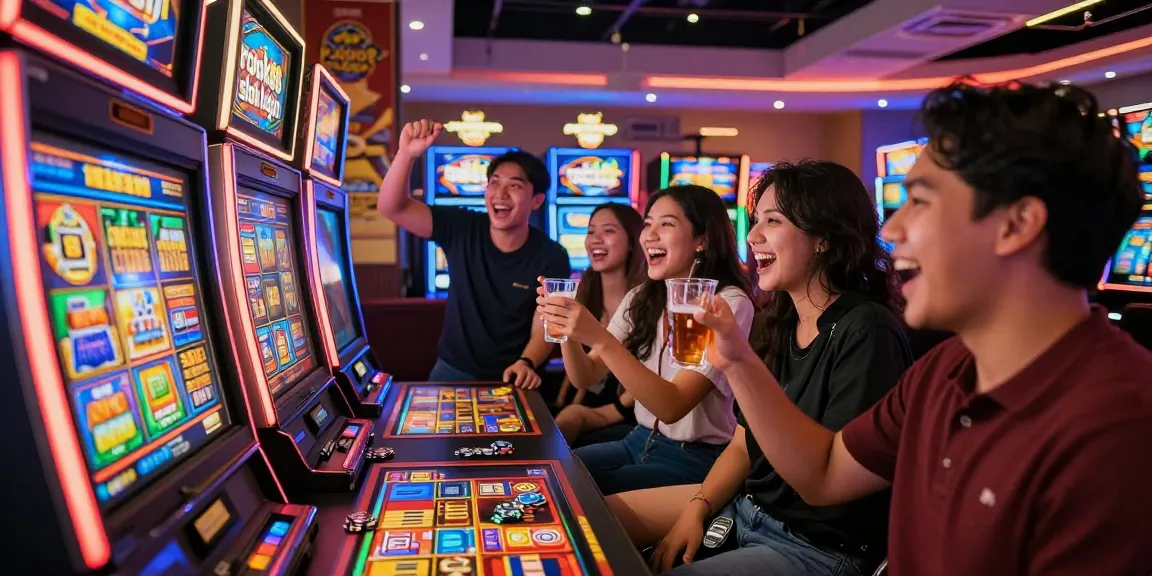 Friends enjoying gaming experience at casino with rokok88 slot login excitement.