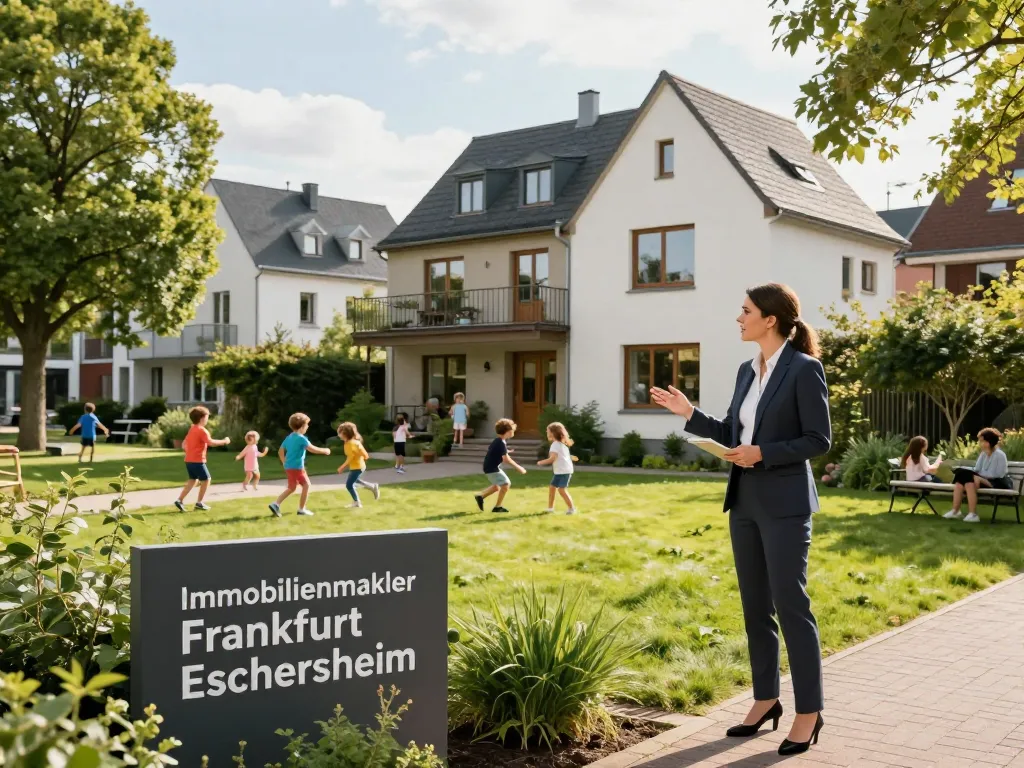 Immobilienmakler Frankfurt Eschersheim präsentiert ein Haus mit üppigem grünem Garten und städtischem Hintergrund.