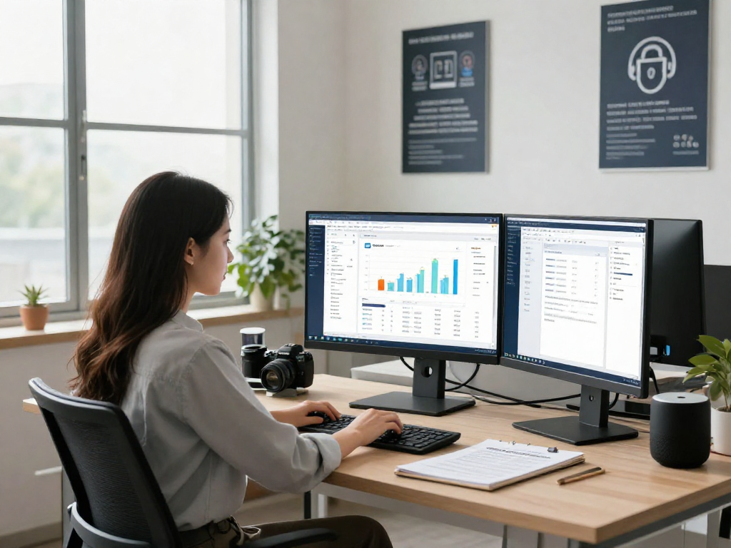 Advanced document fraud detection analysis in a modern office environment with data analyst reviewing AI tools and metrics.