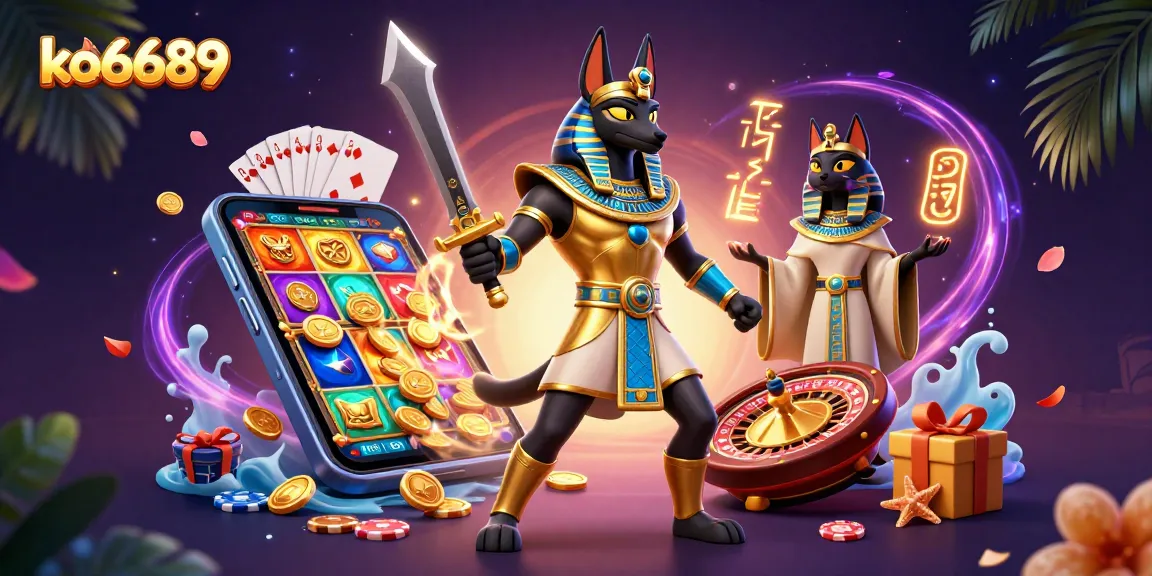 Engage with ko6689’s thrilling jackpot slots experience featuring Anubis and Bastet in an enchanting 3D scene.