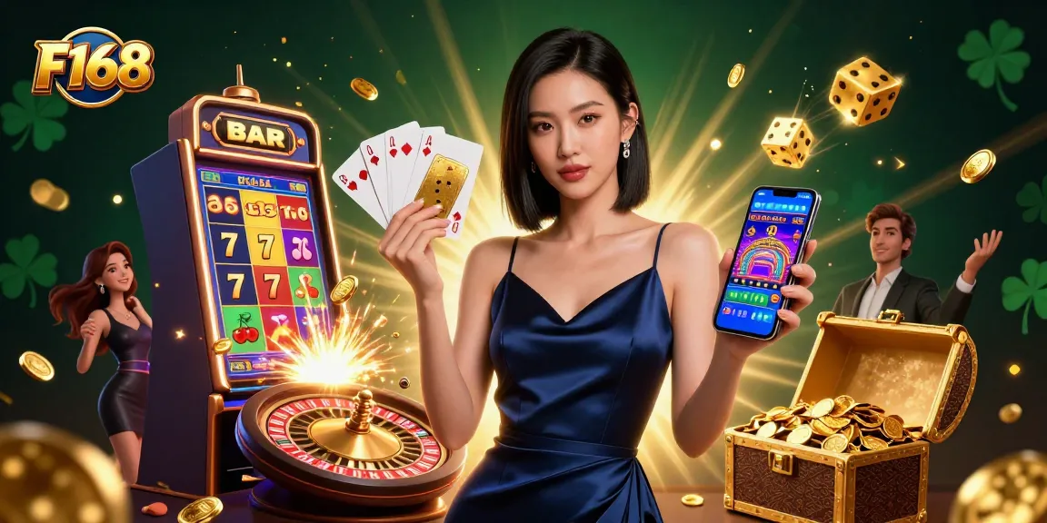 Experience the excitement of F168 with a vibrant illustration of an Asian woman engaging with a casino app, surrounded by dynamic gaming elements.