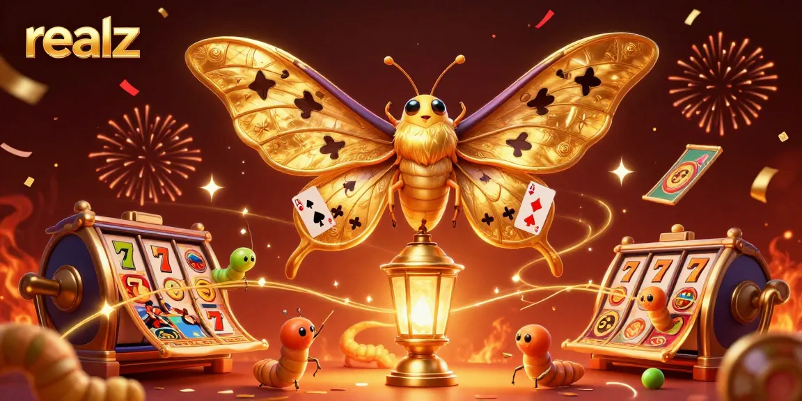 Experience winning at realz as vibrant slot reels, gold confetti, and a majestic moth create a dazzling casino scene.