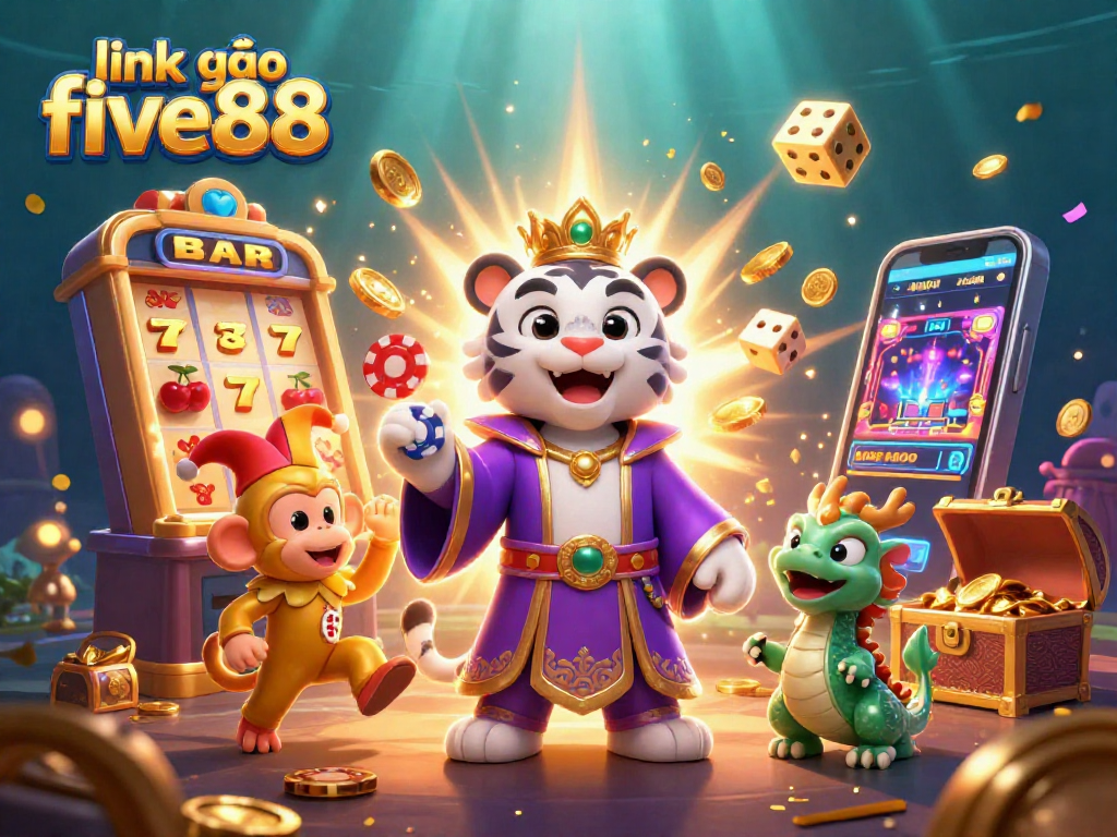 Experience the thrill of link vào five88 with a vibrant casino scene featuring a royal tiger and playful monkey.