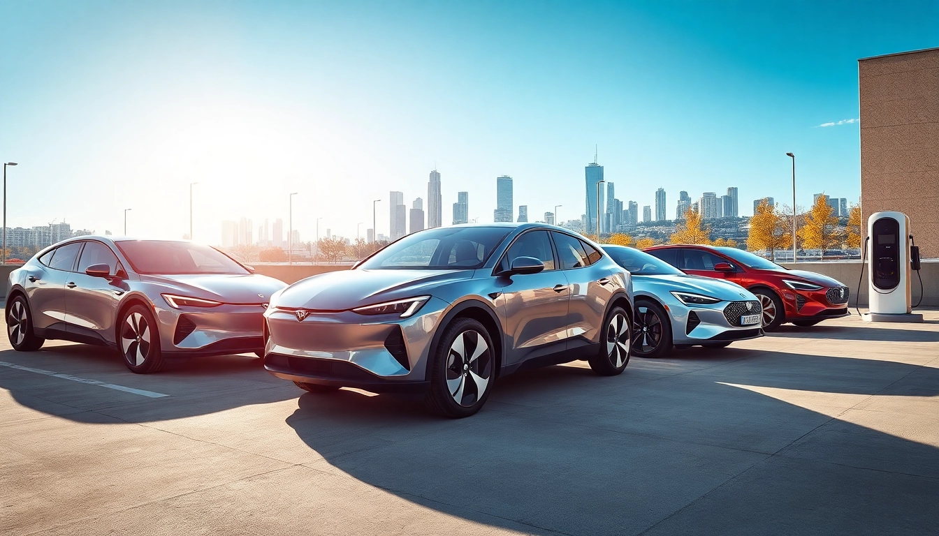 Elektroautos mit futuristischem Design in einer urbanen Umgebung unter natürlichem Licht präsentieren.