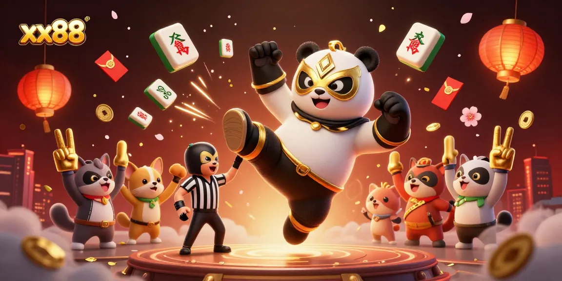 Experience the thrilling action of xx88 with a panda wrestler kicking, chihuahua ref counting, and cheering crowd.