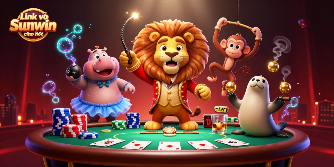 This illustration showcases the exciting Link vào Sunwin chính thức experience with dynamic casino characters around vibrant poker elements, perfect for engaging players.
