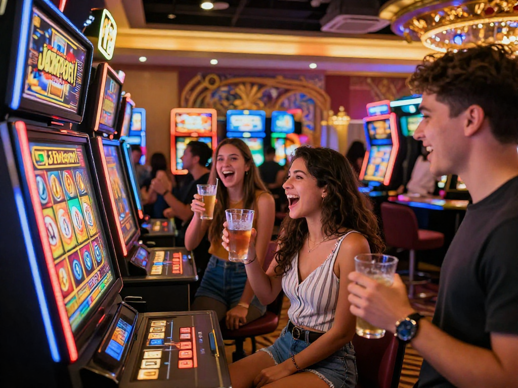 Exciting nổ hũ vin88 jackpot celebration at a vibrant casino with happy players and colorful lights.