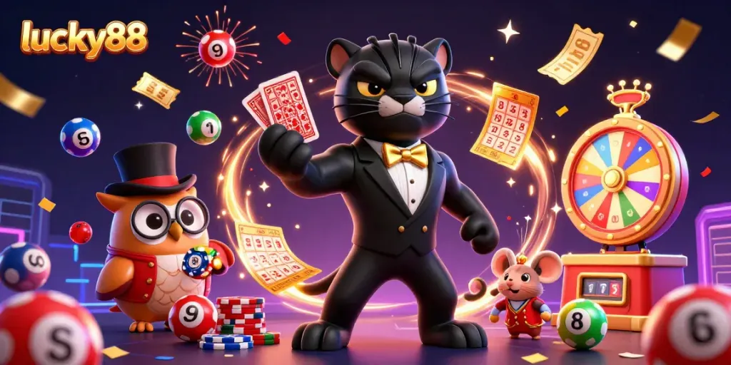 Engage with lucky88's vibrant casino scene featuring a stylish panther, an owl, and a lucky mouse celebrating.