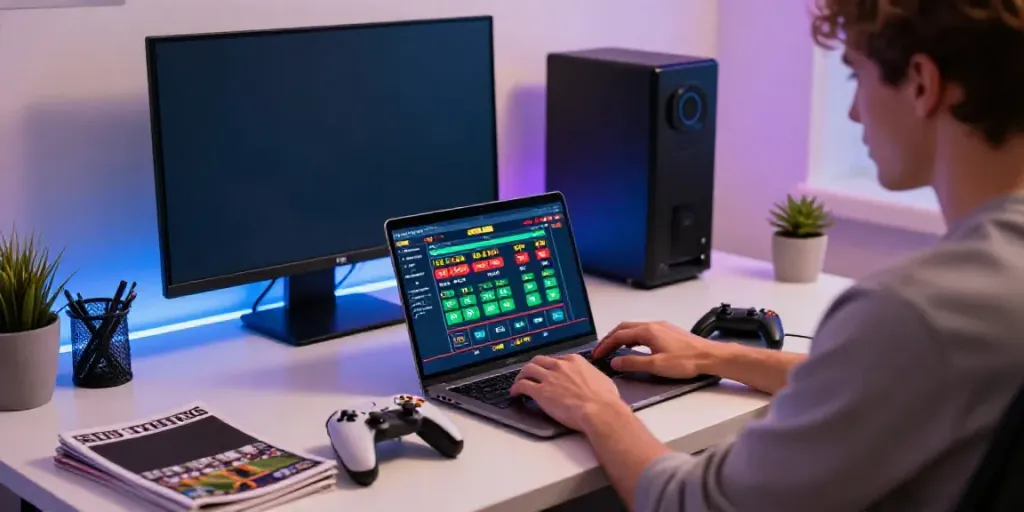 Exciting online betting experience showcasing an individual engaged in Alternatif Bola88 at stylish home office with live odds on screen.