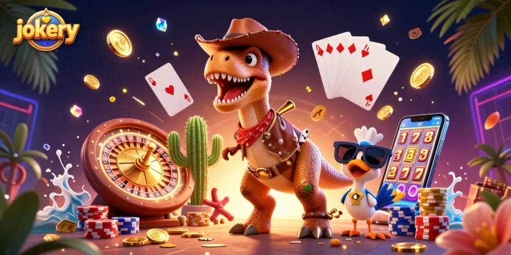 Win big at jokery with spinning roulette and vibrant gaming elements in a lively casino scene.