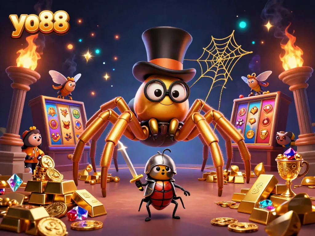 Experience the thrill of yo88 with a golden tarantula and beetle knight in a vibrant casino scene.