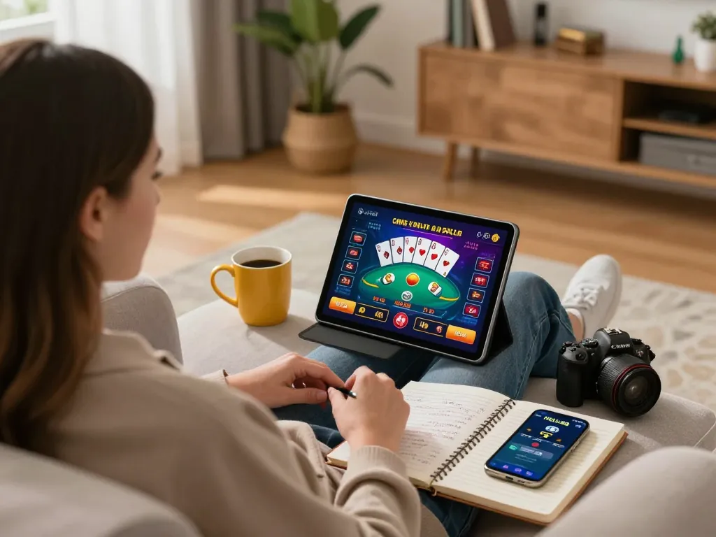 Player engaging with HELLO88 online casino interface on tablet in cozy home gaming setup.