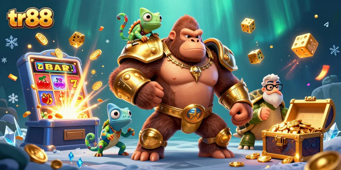 Experience the excitement of tr88 with a vibrant 3D scene of a powerful gorilla king and colorful casino elements.
