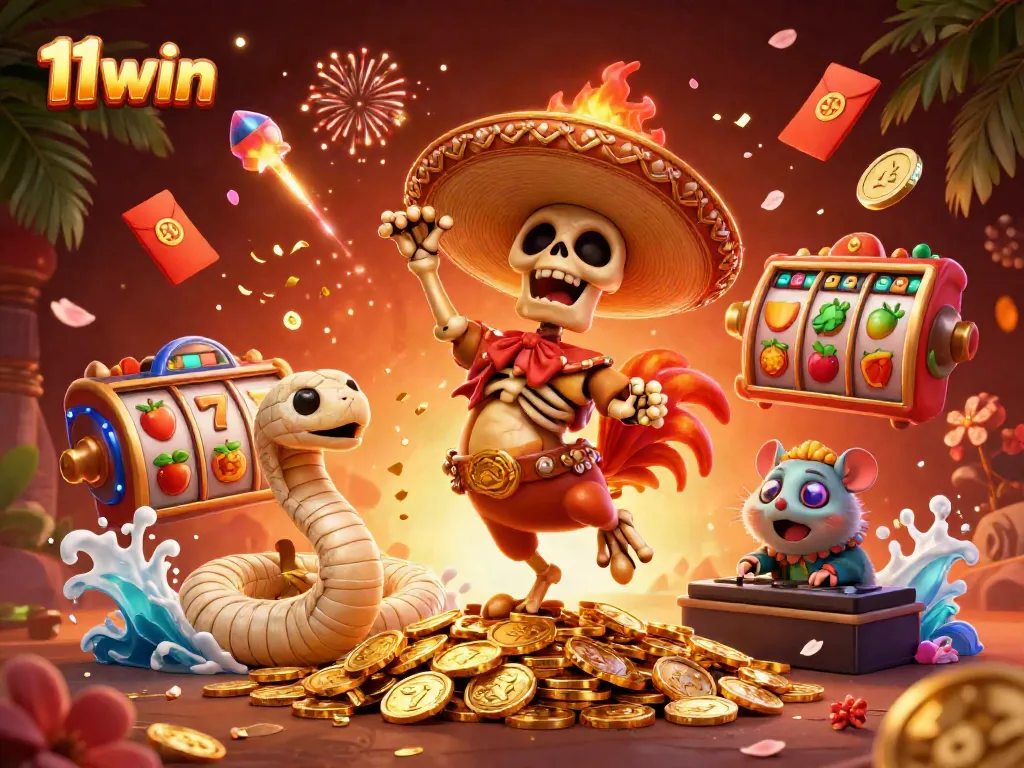 Engage in thrilling wins at 11win with a vibrant scene featuring a triumphant mariachi rooster amidst colorful slot elements.