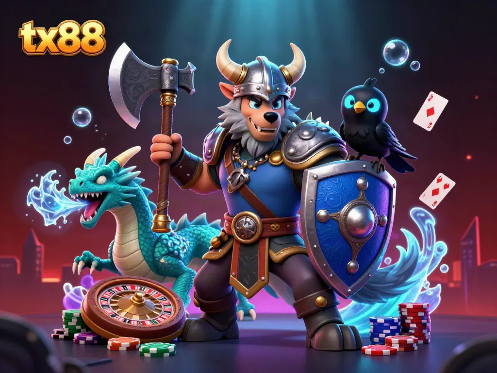 Experience thrilling gameplay with tx88 featuring a Viking warrior and dragon in an engaging casino scene.