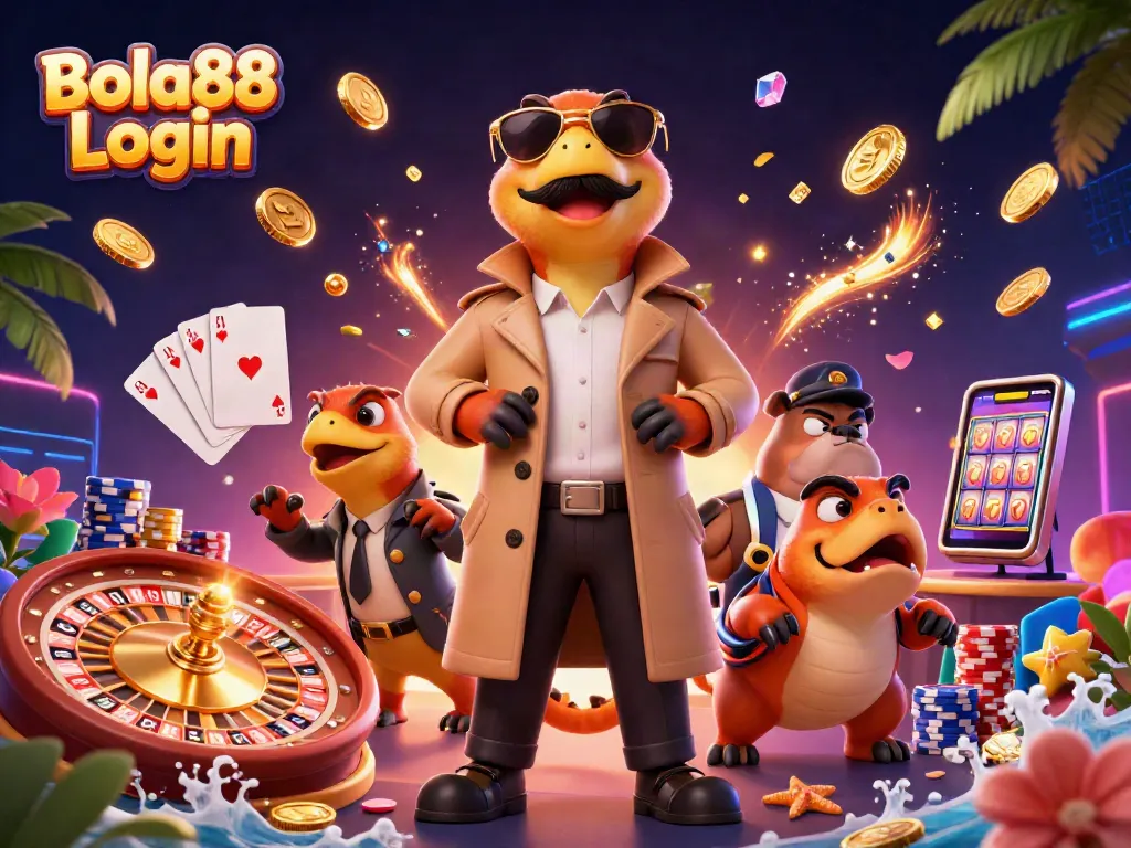 Bola88 Login scene with cartoon raptors in disguise entering a casino, rich in vibrant gaming elements.