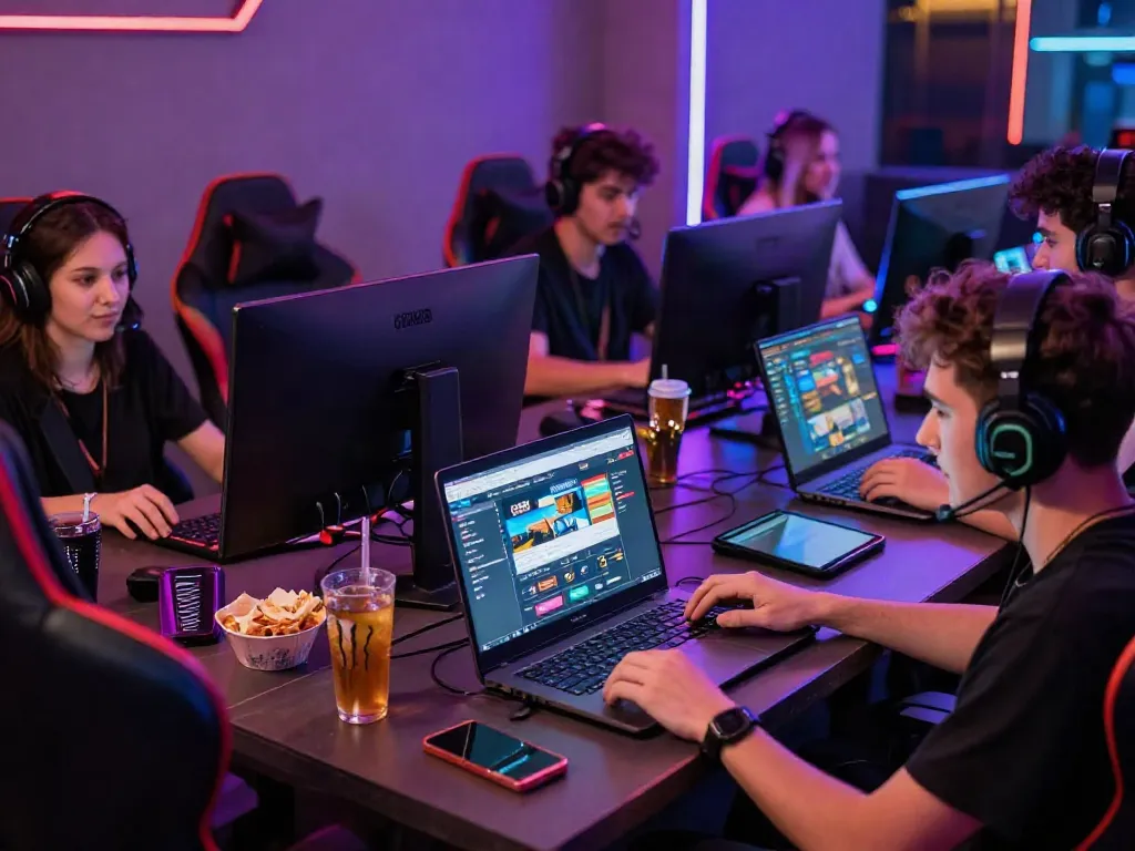 Exciting gaming lounge scene where friends enjoy online betting at https://gem88.bz/ on laptops and smartphones.