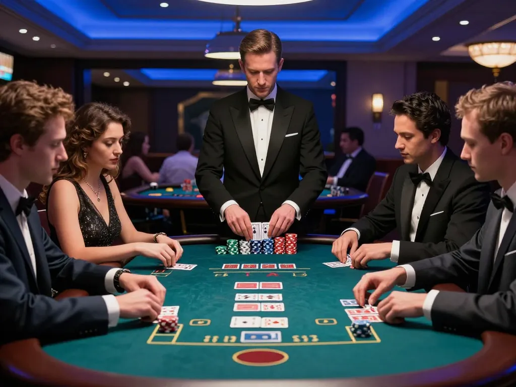 Experience thrilling gameplay at 789winf's blackjack table, featuring intense players and skilled dealer.