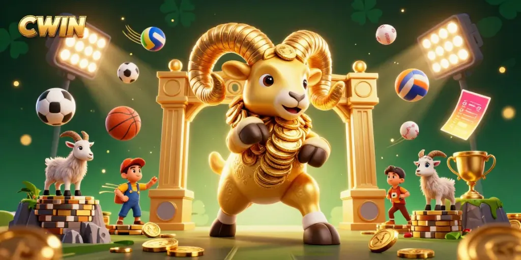 CWIN showcases a dynamic scene of a massive golden ram and sports elements celebrating gaming excitement.