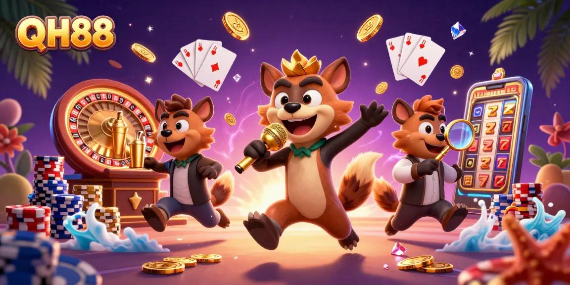 Experience the excitement of QH88 with charismatic cartoon hyenas in a vibrant casino scene.