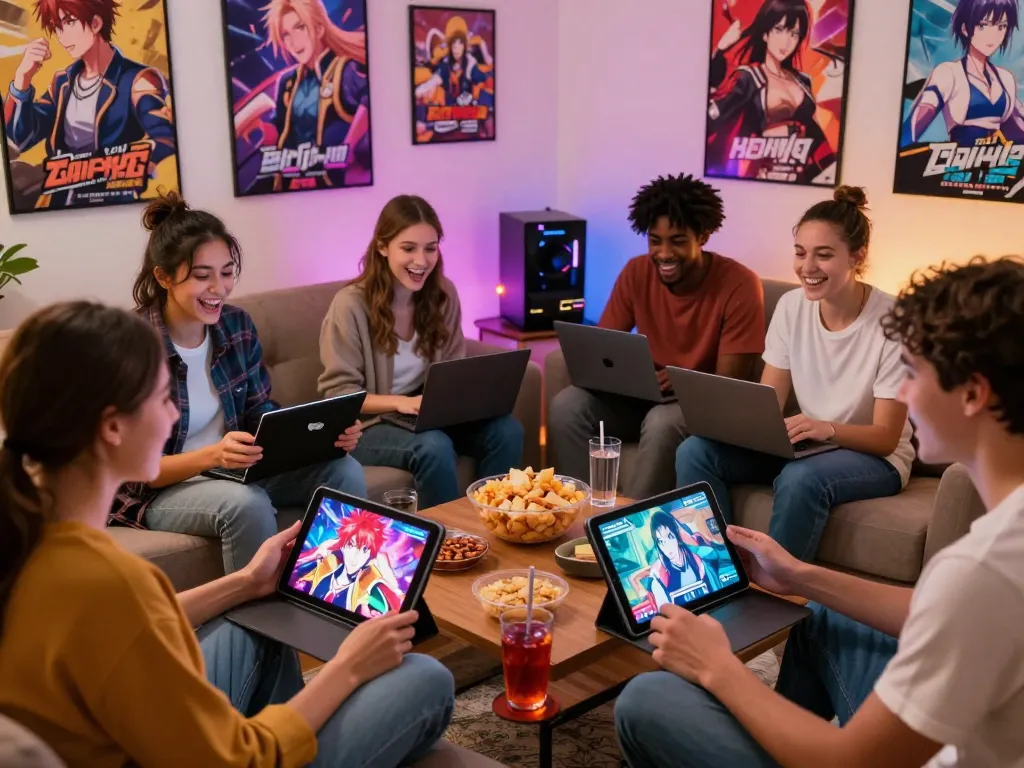 Diverse friends enjoying an online porn game session in a cozy gaming room, showcasing excitement and interaction.