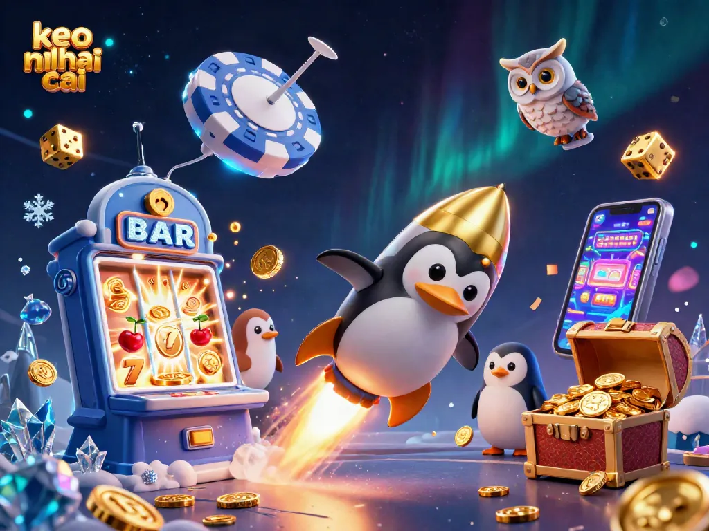 Catch the excitement with keo nha cai as a golden penguin blasts towards a casino space station amidst dazzling game elements.